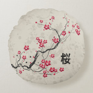 Almofada Redonda Arte oriental da flor de cerejeira de Sakura do