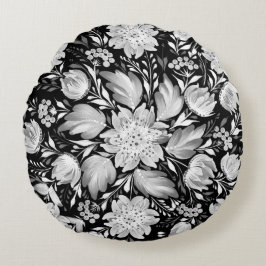 Almofada Redonda Arte Popular Monocromática em Preto e Branco