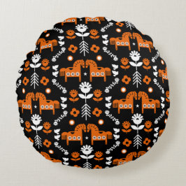 Almofada Redonda Arte popular sobre cavalos escandinavos