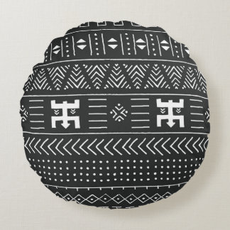 Almofada Redonda Arte Tribal Africana: Preto Geométrico e Branco