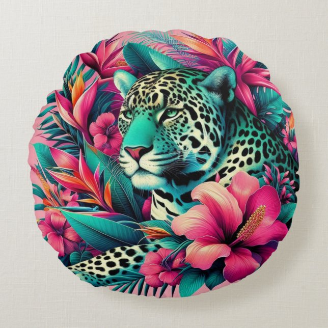 Almofada Redonda Arte Tropical Rosa Leopardo (Frente)
