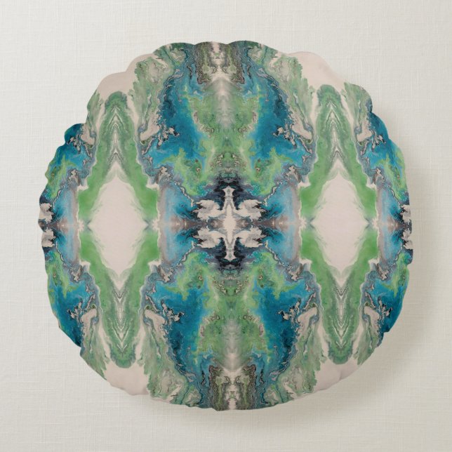 Almofada Redonda Artistic Fluid Abstract in Aqua & Green (Frente)