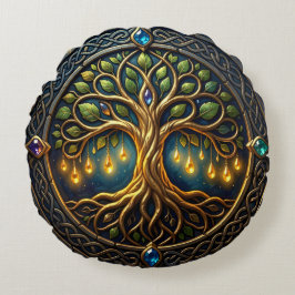 Almofada Redonda Árvore Celestial de Luz Árvore Celta de Ouro da Vi