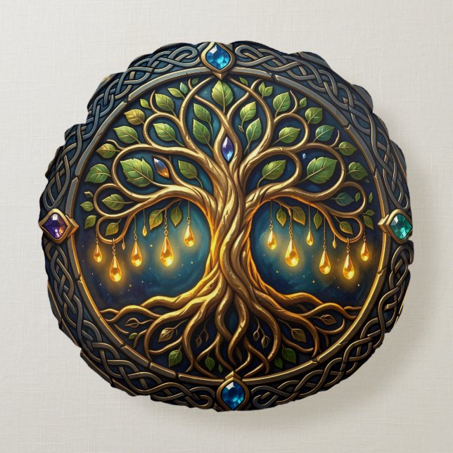 Almofada Redonda Árvore Celestial de Luz Árvore Celta de Ouro da Vi (Frente)