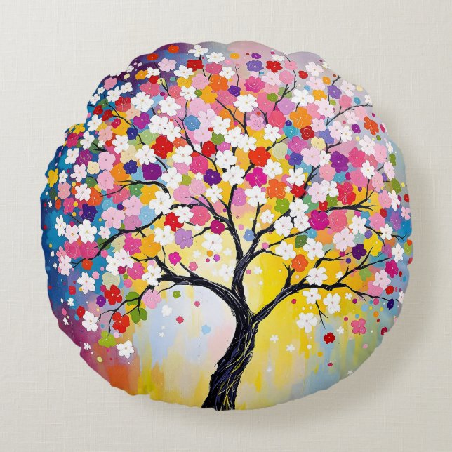 Almofada Redonda Árvore de Flor Colorida (Frente)