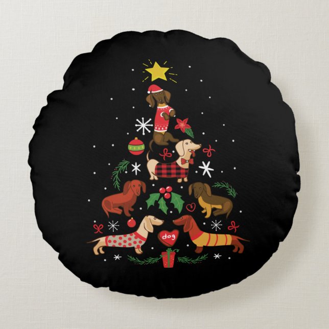 Almofada Redonda Árvore de Natal Engraçado Dachshund (Frente)
