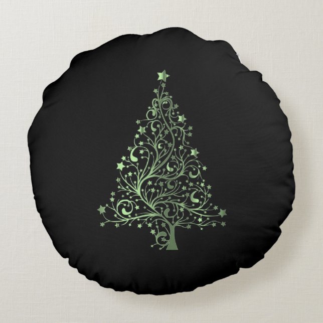 Almofada Redonda Árvore de Natal estrelada, verde-negro (Verso)
