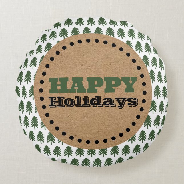 Almofada Redonda Árvore de Natal Verde e Branca Moderna (Frente)