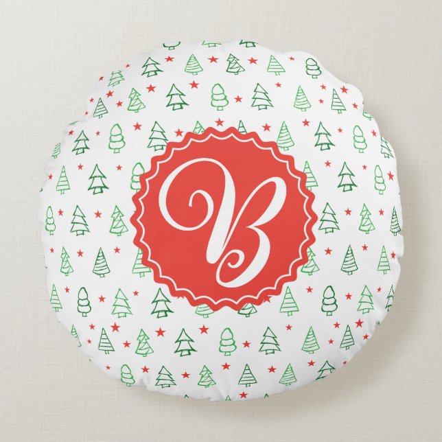 Almofada Redonda Árvore de Natal Vermelha e Verde (Frente)