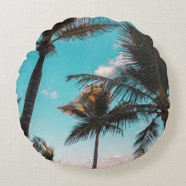 ALMOFADA REDONDA ÁRVORE DE PALMAS TROPICAIS RETRO PELA PRAIA (Frente)