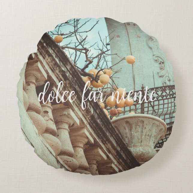 Almofada Redonda Árvore Limão e Edifícios Antigos (Frente)