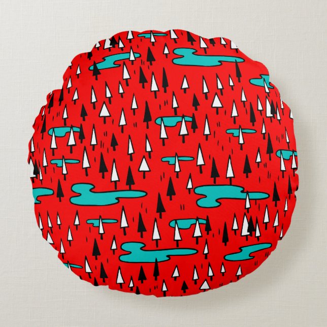 Almofada Redonda Árvores de mão livre: Padrão de Natal escandinavo. (Frente)