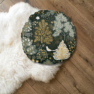 Almofada Redonda Árvores de Natal Boho Vintage Branco Verde Dourado