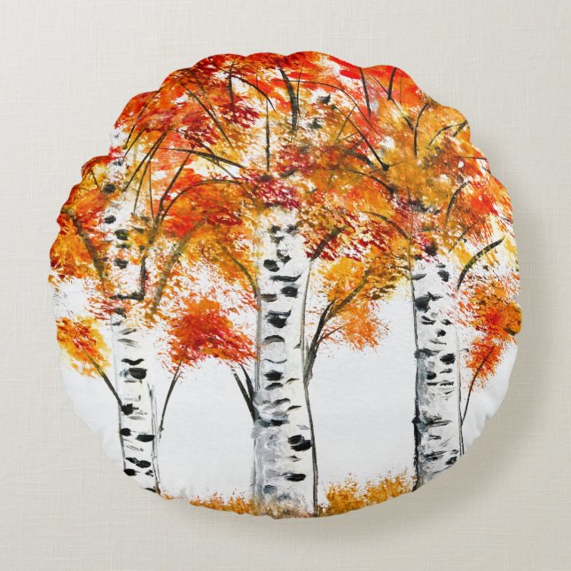 Almofada Redonda Árvores de Pássaros Caindo Folhas de Laranja do ou (Frente)