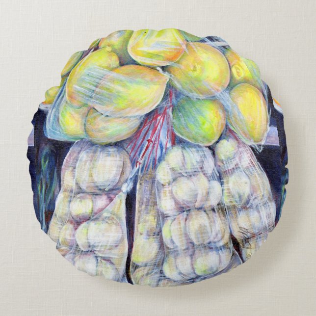 Almofada Redonda As Maravilhas dos Mercados Molhados, Singapura (Frente)