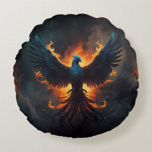 Almofada Redonda Ascensão de pássaros Phoenix com chamas
