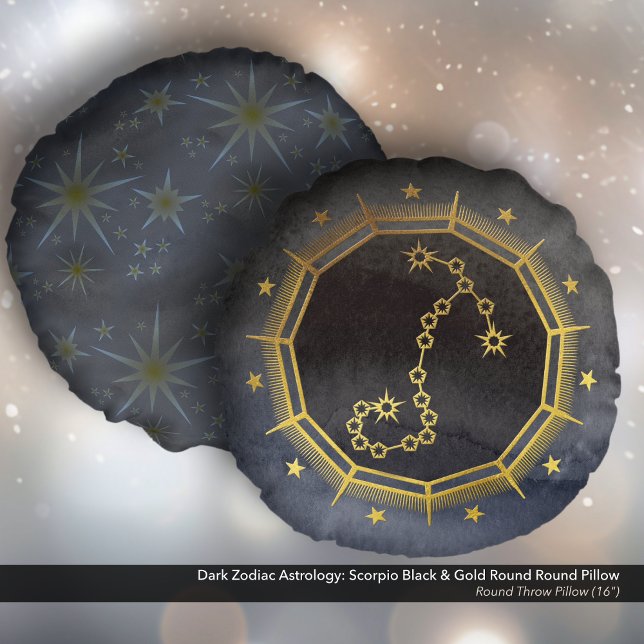 Almofada Redonda Astrologia Zodiaca Escorpião Preto e Dourado (Dark Zodiac Astrology: Scorpio Black & Gold Round Pillow)