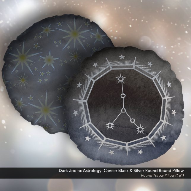 Almofada Redonda Astrologia Zodiaca Escura: Cancer Preto e Prata Re (Dark Zodiac Astrology: Cancer Black & Silver Round Pillow)