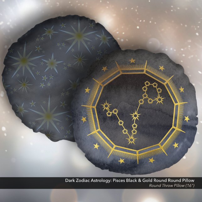 Almofada Redonda Astrologia Zodiaca Escura: Peixes Pretos e Dourado (Dark Zodiac Astrology: Pisces Black & Gold Round Pillow)