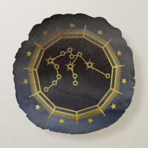 Almofada Redonda Astrologia Zodiaca Escura: Preto Aquário e Dourado