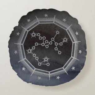 Almofada Redonda Astrologia Zodíaca Escura: Preto e Prata Sagitário