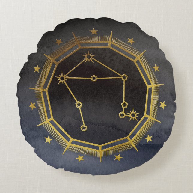 Almofada Redonda Astrologia Zodíaca Escura: Preto Libra e Dourado (Frente)