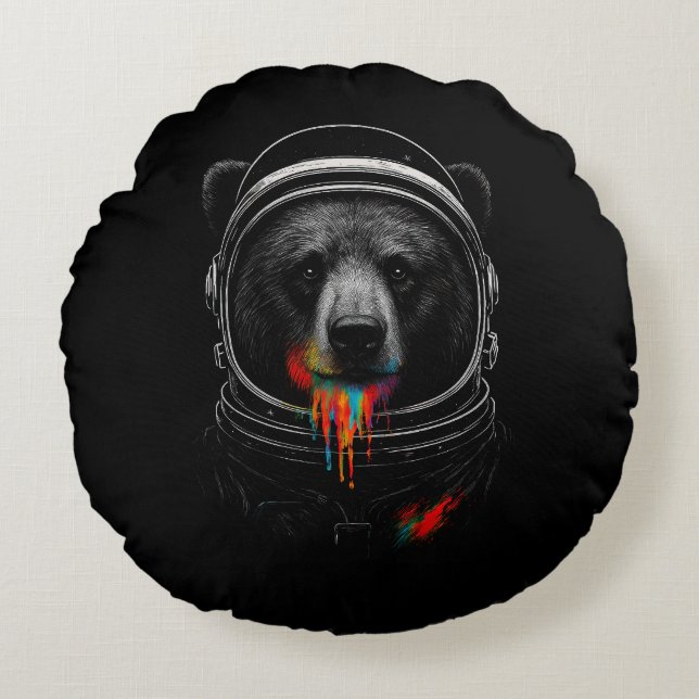 Almofada Redonda Astronaut Bear with Neon Paint Drips Cosmic Animal (Frente)