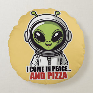 Almofada Redonda Astronauta Alien Fofo "Venho em Paz e Pizza"