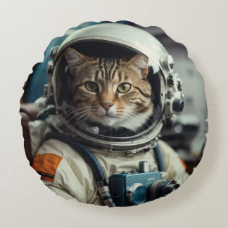 Almofada Redonda Astronauta de Gato cinza no Espaço Exterior