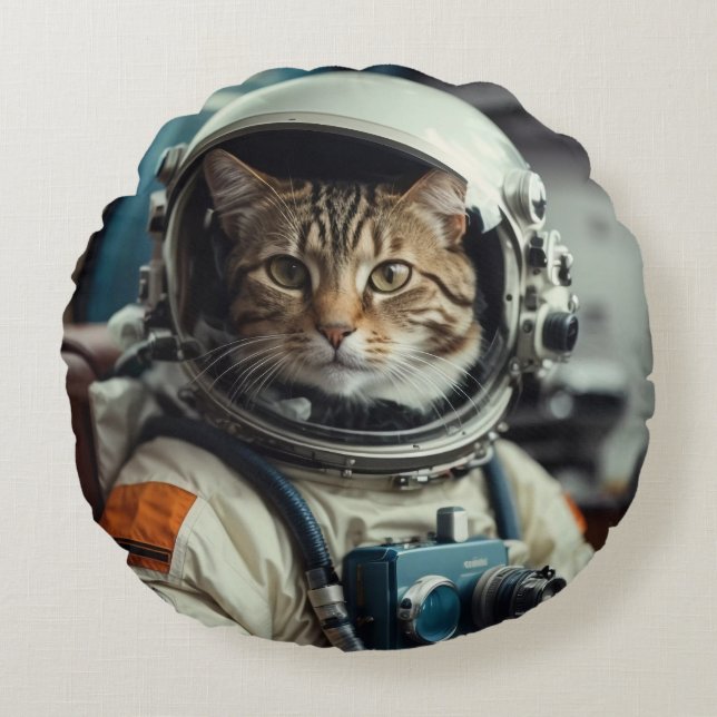Almofada Redonda Astronauta de Gato cinza no Espaço Exterior (Frente)