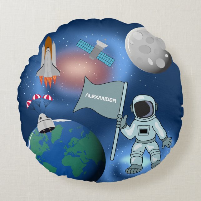 Almofada Redonda Astronauta no Espaço Galáxia Nome Personalizado (Frente)