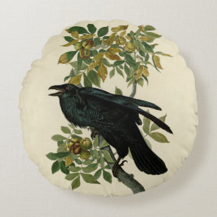Almofada Redonda Audubon Raven Bird Classic Trabalho de arte