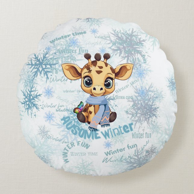 Almofada Redonda AUsome Winter Giraffe – Cute Autism Awareness Snow (Frente)