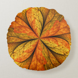 Almofada Redonda Autumn Plant, Modern Abstrato Fractal Art Leaf