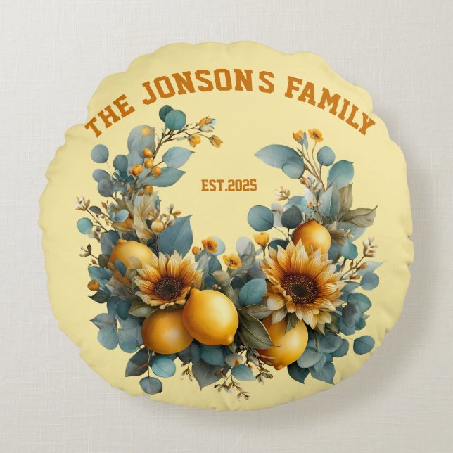 Almofada Redonda Autumn Sunflower e Lemons Family Decor (Frente)