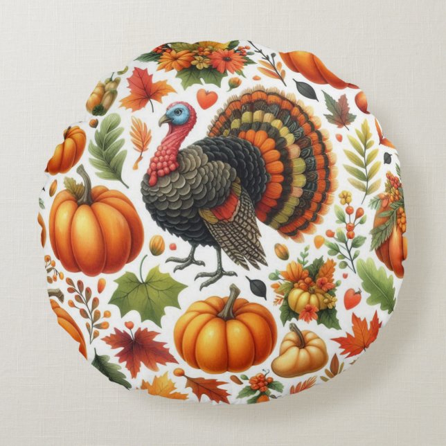 Almofada Redonda Autumn Tom Turkey Pumpkin Patterno (Frente)
