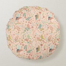 Almofada Redonda Aves e Ramais Shabby Salmão Pastel