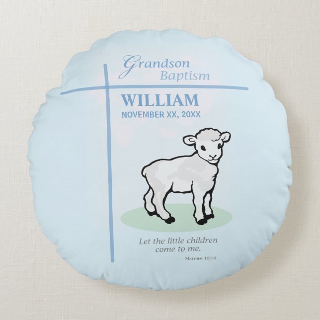 Almofada Redonda Avô Baptism Blue Lamb Personalizado (Frente)