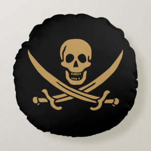 Almofada Redonda Aztec Dourado Crânio e Cutlass Pirata Calico Jack