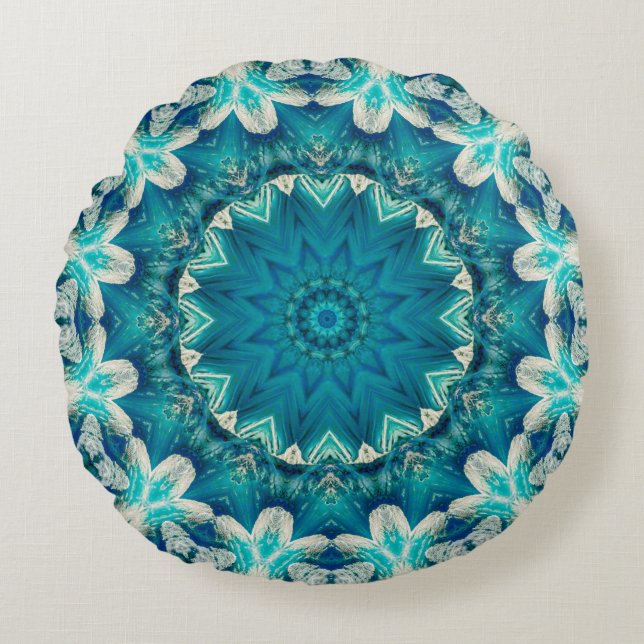 Almofada Redonda Azul Aqua Mandala Rosette Retro Hippie (Frente)