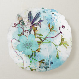 Almofada Redonda Azul Aquarela Pastel Floral