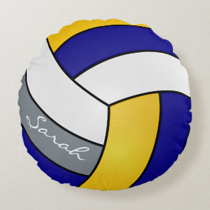 Almofada Redonda Azul, Cinza, Voleibol Amarelo e Branco DIY Name