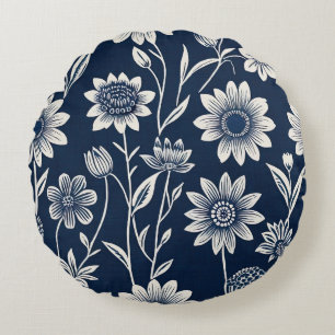Almofada Redonda azul e branco - Boho floral estilo impressão em bl