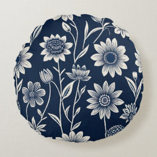 Almofada Redonda azul e branco - Boho floral estilo impressão em bl