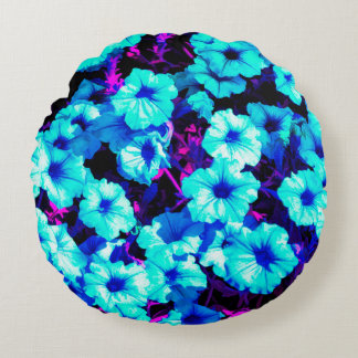 Almofada Redonda Azul E Petunias Vermelhas
