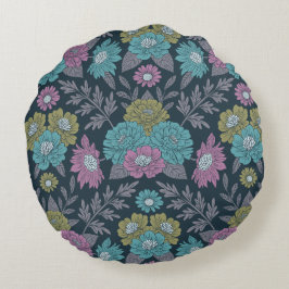 Almofada Redonda Azul Escuro, Verde e Floral Púrpura