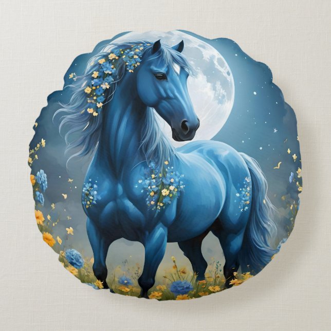 Almofada Redonda Azul Fantasia Flores de Lua de Cavalo Mágico, (Frente)