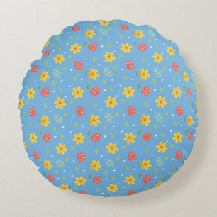 Almofada Redonda Azul Floral Felz pascoa Bonito Ovos Coelhinhos
