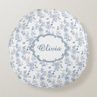 Almofada Redonda Azul Francês Toile Chinoiserie Nome de Meninas Flo