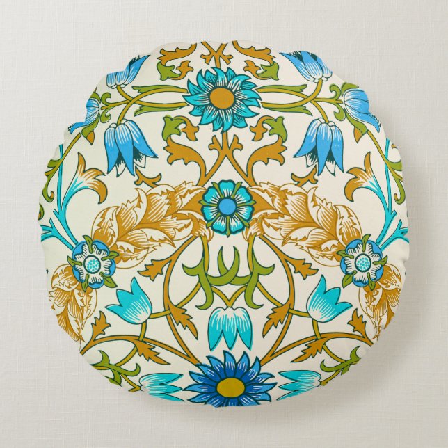 Almofada Redonda Azul Teal & Mostarda William Morris Vine Arts  (Frente)